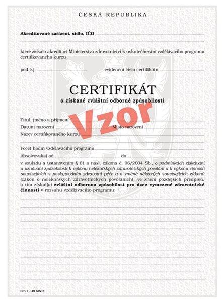 Certifikát o získané zvláštní odborné způsobilosti