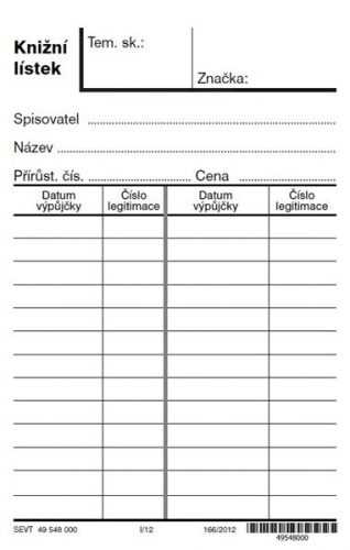 Knižní lístek pro knihovny - karta 75 x 120 mm