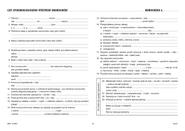 List epidemiologického vyšetření onemocnění - list A4