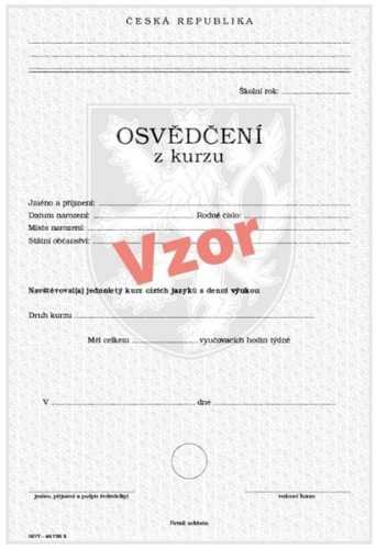 Osvědčení o absolvování jednoletého jazykového kurzu cizích jazyků s denní výukou - list A4