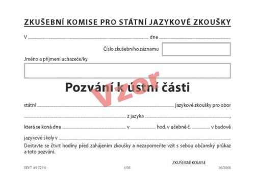 Pozvání k ústní části státní jazykové zkoušky - karta A6