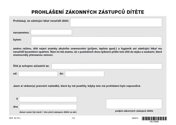 Prohlášení zákonných zástupců (bezinfekčnost) - list A5