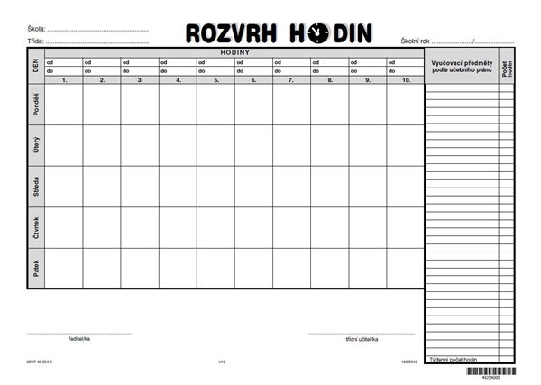 Rozvrh hodin třídní (bez předepsaných předmětů) - dvoulist A4