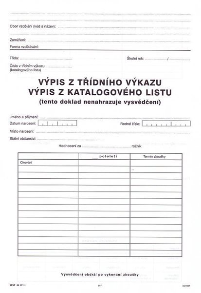 Výpis z třídního výkazu - list A4