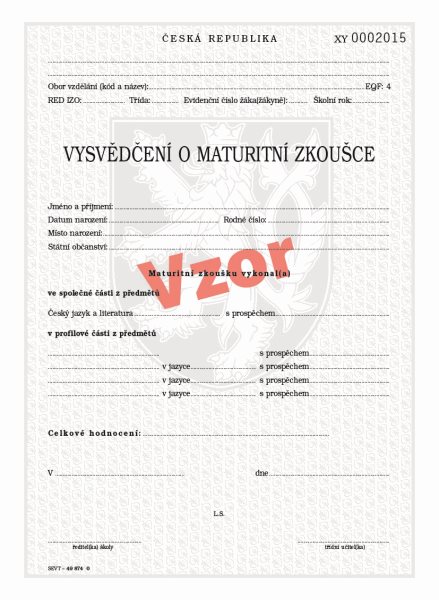 Vysvědčení o maturitní zkoušce v českém a cizím jazyce se souhlasem MŠMT pro tisk QR kódu - 210×280 mm