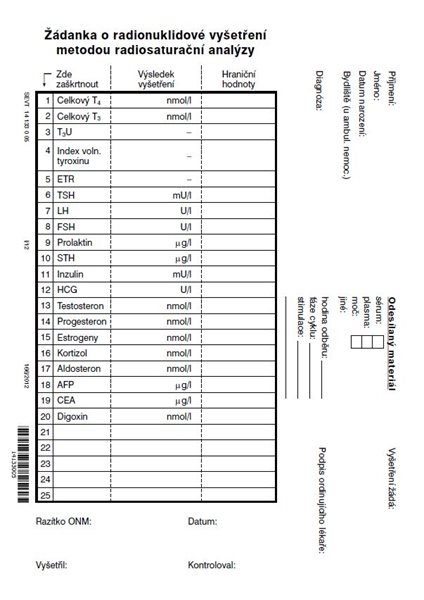 Žádanka o radionuklidové vyšetření metodou radiosaturační analýzy - list A5