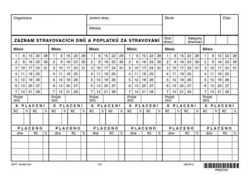 Záznam stravovacích dnů a poplatků za stravování - karta A5