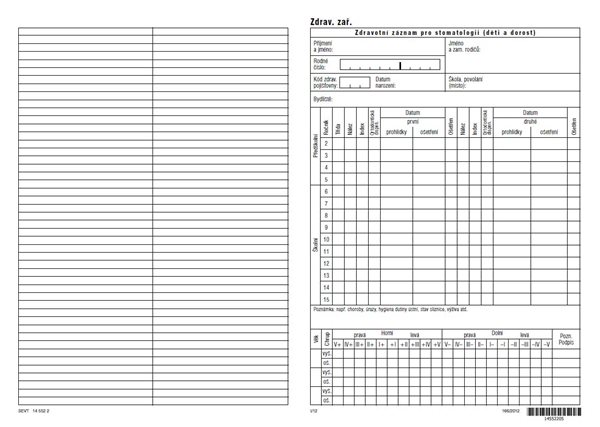 Zdravotní záznam pro stomatologii (pro děti a dorost) - dvoulist A5