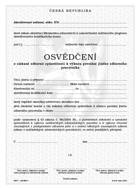 Osvědčení o získané odborné způsobilosti k výkonu povolání jiného odborního pracovníka