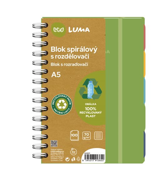 Spirálový blok A5 ECO LUMA 100 listů s rozdělovači