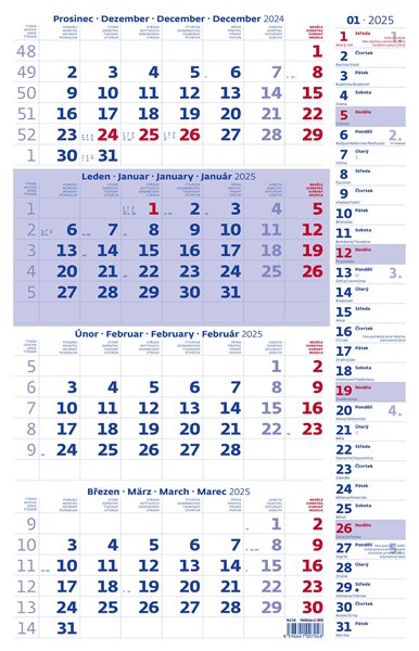 Kalendář nástěnný 2025 - Čtyřměsíční modrý s poznámkami - 31